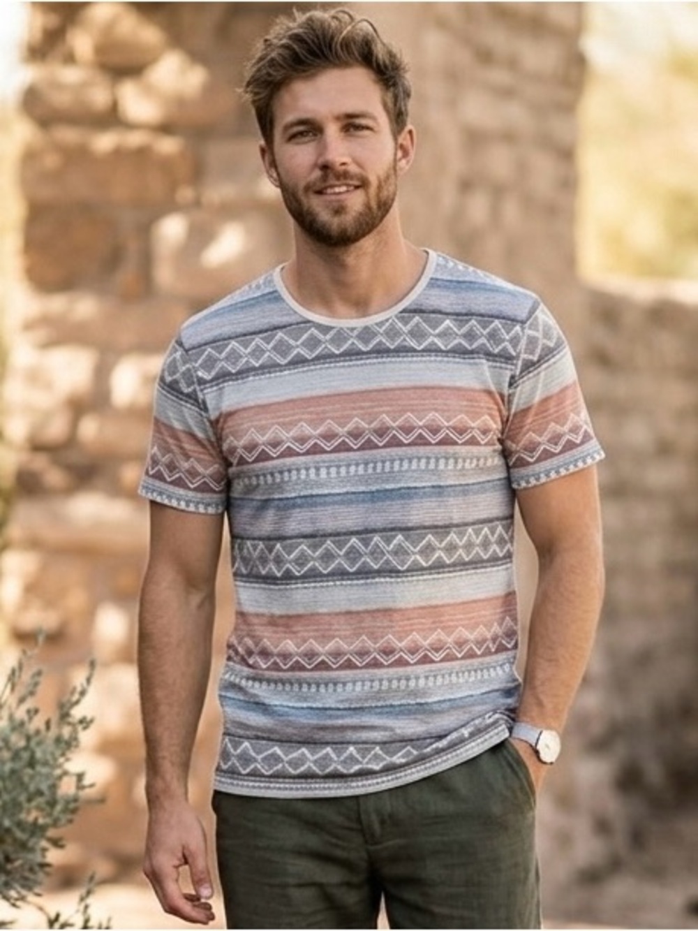 Southwest Aztec Tribal Earthcore Striped Tee Medium Boho Surf